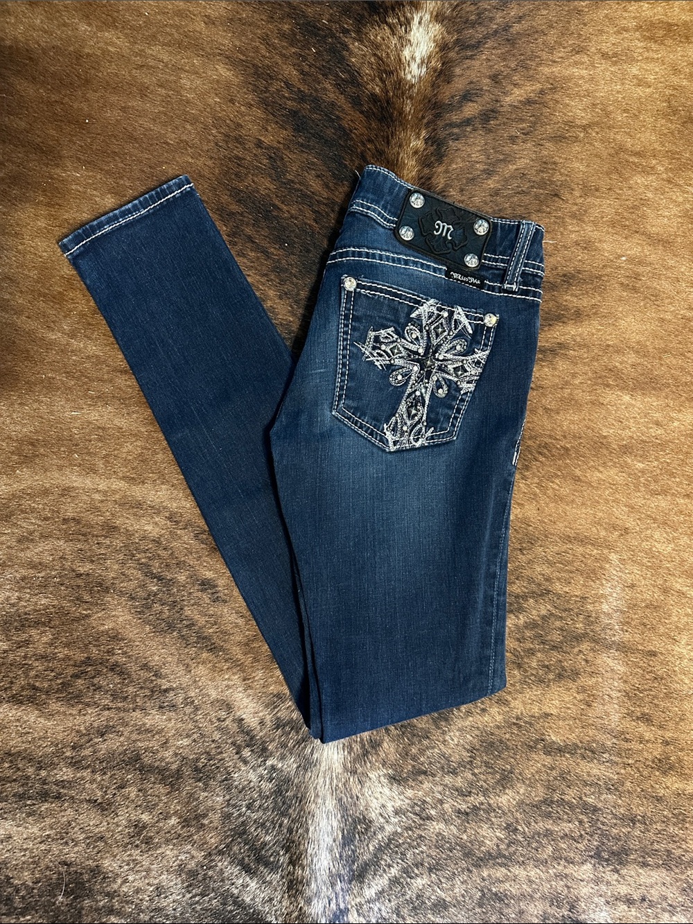 Miss Me Dark Blue jeggings/skinny jeans with Embellished Back Pocket Sz 27